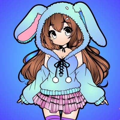 pretty anime girl wearing a fluffy hoodie with bunny ears on the hood and a skirt