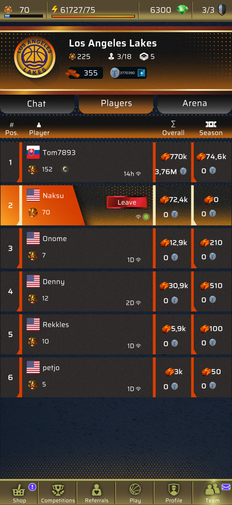 Buzzer Beater - PvP Basketball - Pantalla de tabla de clasificación y lista de equipos que muestra estadísticas y rankings de jugadores en Buzzer Beater PvP Basketball