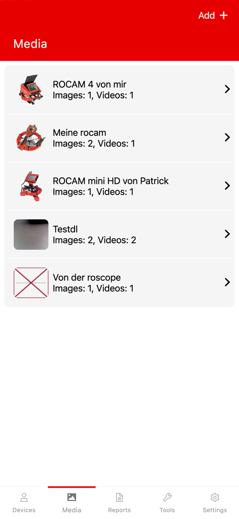 ROTHENBERGER - Pantalla de gestión de medios en la aplicación Rothenberger que lista imágenes y videos de las cámaras de inspección ROCAM.