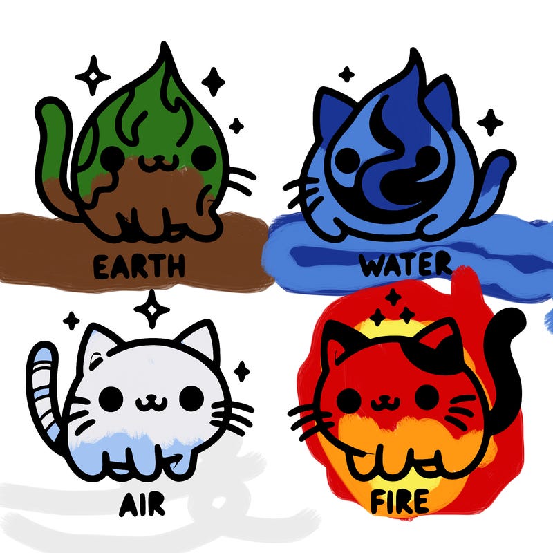 4 cats that represent the different elements, earth, water, air, and fire