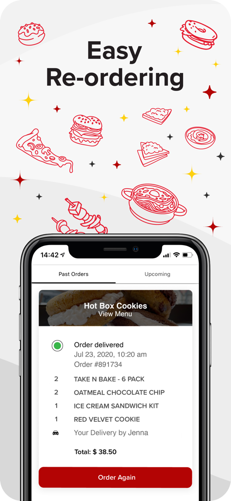 The 352 Delivery app interface showing easy reordering of a past cookie order from a local Gainesville restaurant.