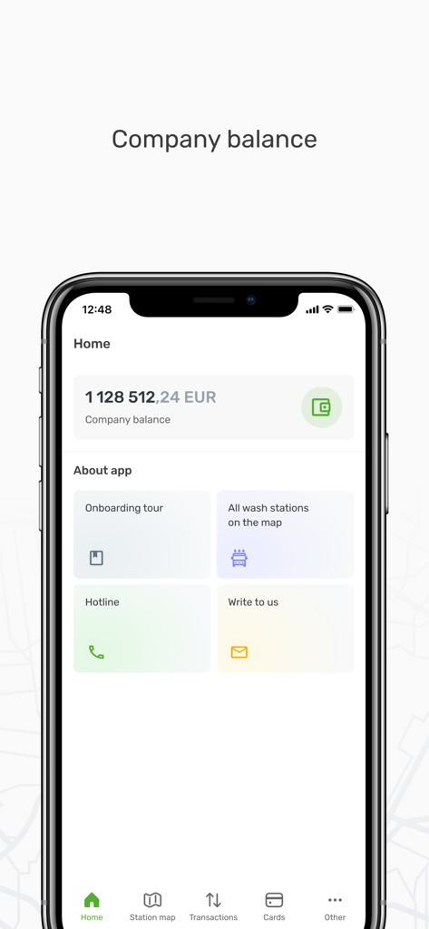 Startbildschirm der mobilen E1 CARD App mit Unternehmensbilanz und Menü-Kacheln für Hotline und Waschanlagen