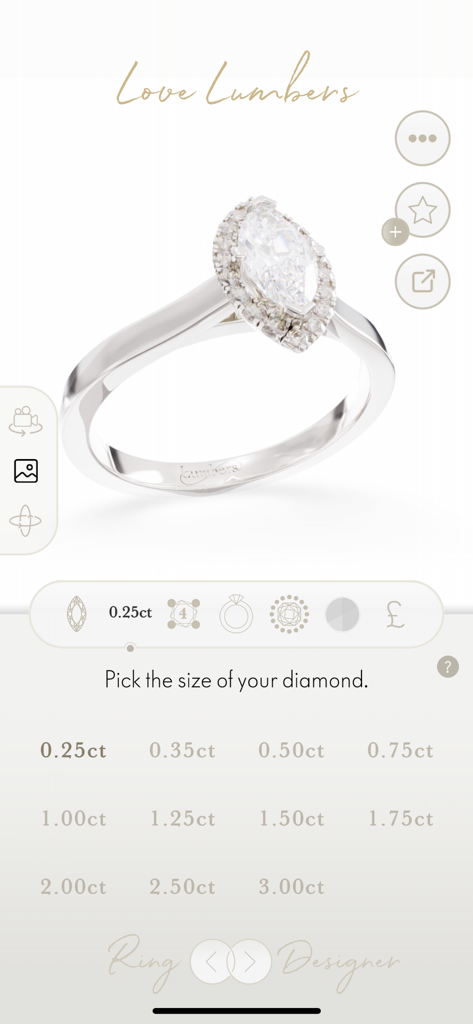 Engagement Ring Designer - Mobile app interface showing a 3D marquise diamond ring and options to select diamond carat weight.