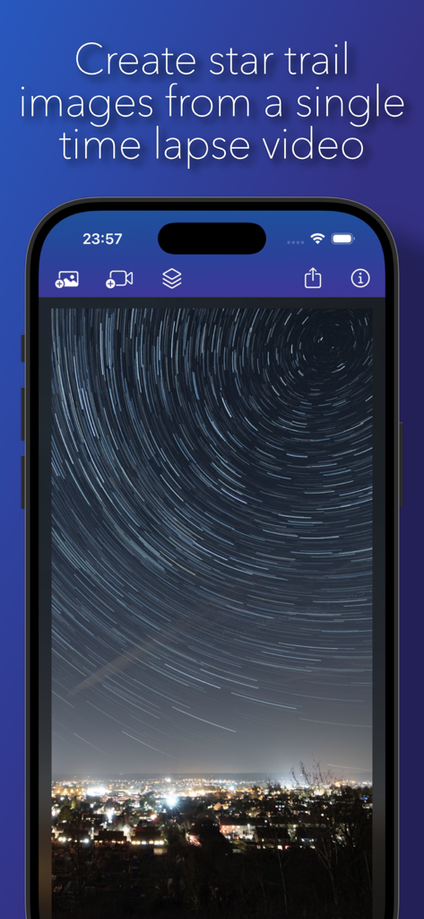 Star Stacker - iPhone displaying the Star Stacker app interface with a circular star trail photo over a city skyline