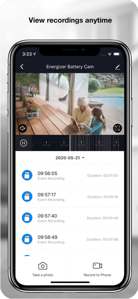 Energizer Connect - Energizer Connect app screen showing a list of security camera event recordings and playback interface