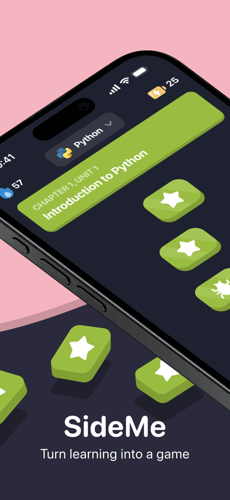 SideMe: Learn Coding - SideMe app screen showing a gamified Python introduction course path
