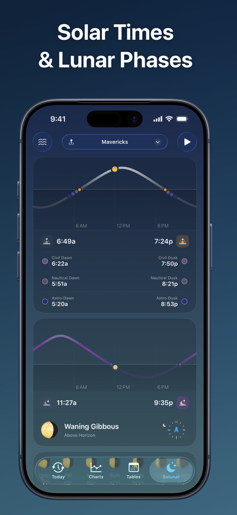 Tide Guide: Charts & Tables - iPhone screen showing solar times and lunar phases in the Tide Guide app
