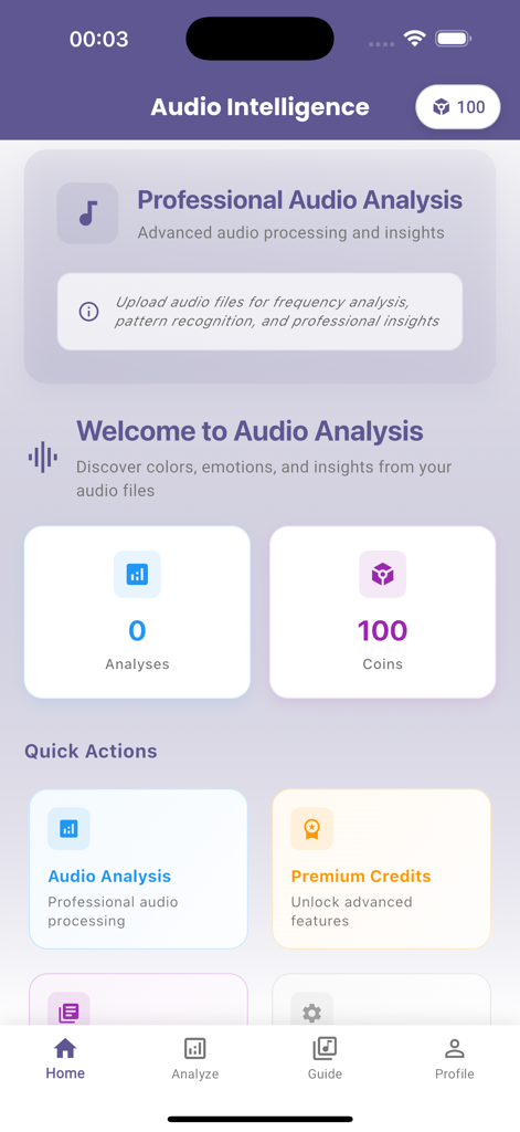 L'écran d'accueil de l'application Earo montrant les fonctionnalités d'intelligence audio et les statistiques d'analyse dans une interface violette
