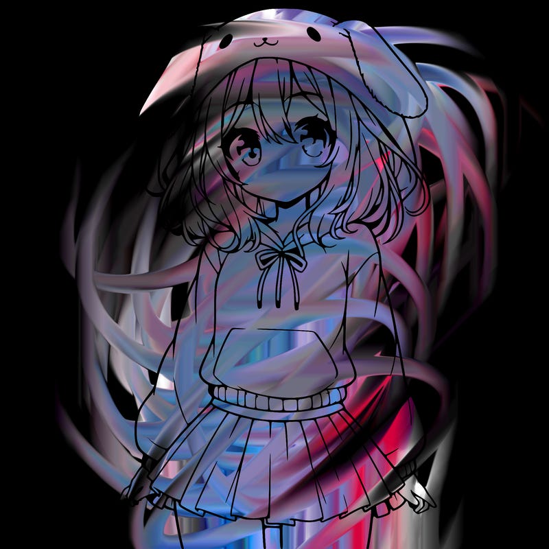 pretty anime girl wearing a fluffy hoodie with bunny ears on the hood and a skirt