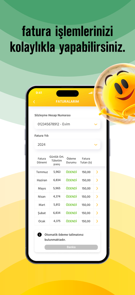 Enerjisa Mobil - Interfaz de la aplicación Enerjisa Mobil mostrando una lista de facturas de electricidad mensuales y sus estados de pago