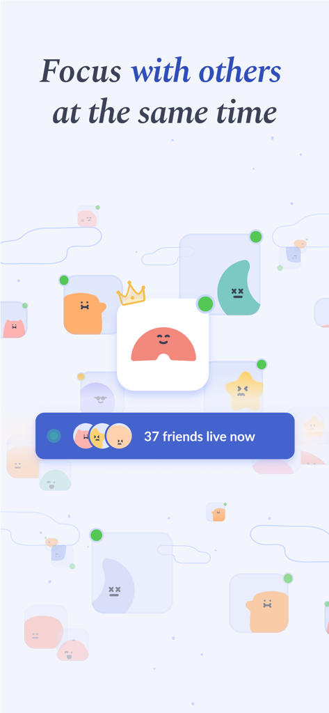 Écran de l'application Flipd mettant en avant la fonctionnalité de concentration sociale avec des salles d'étude en direct et l'activité des amis.