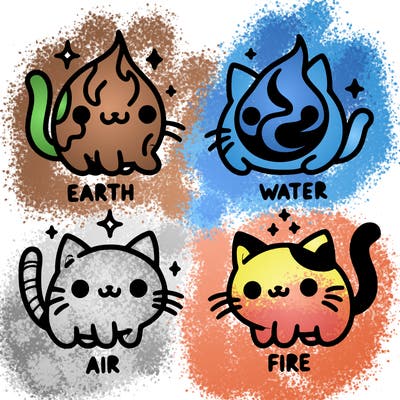 4 cats that represent the different elements, earth, water, air, and fire