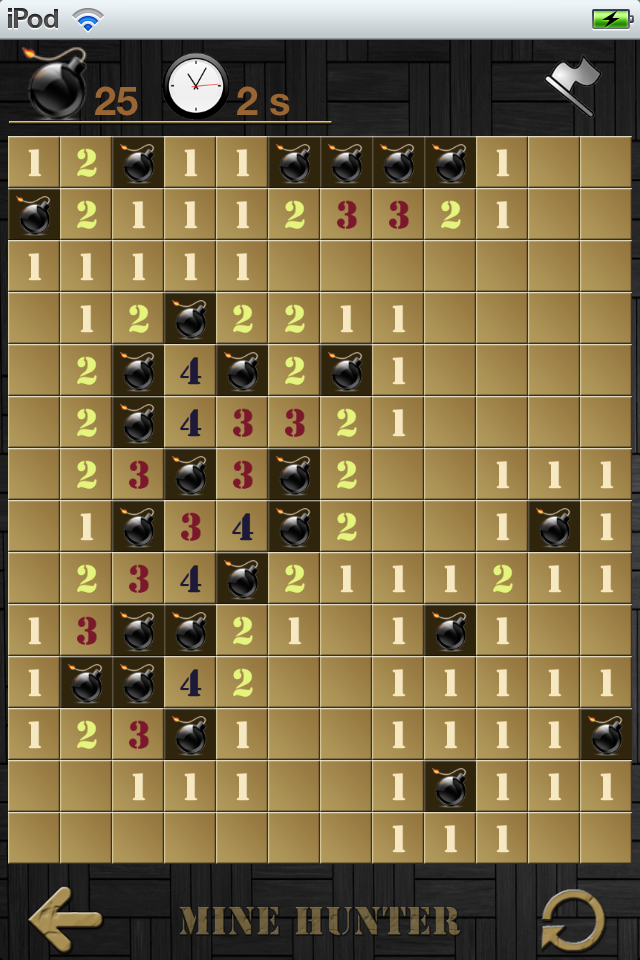 Mine Hunter FREE - A gameplay screenshot of Mine Hunter showing a classic minesweeper grid with bombs and numbers on a dark wood background.
