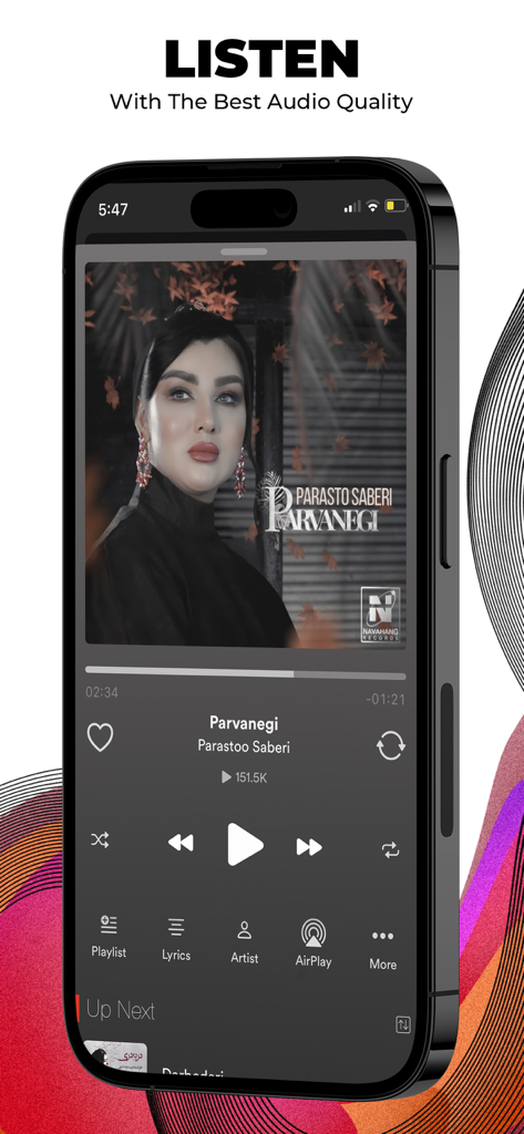 Navahang - The Navahang app music player interface displaying a Persian song with playback controls.