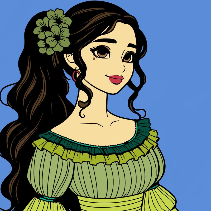 a single latina woman with a side ponytail and a long dress with ruffles. she has a few discreet flowers in her hair. realistic