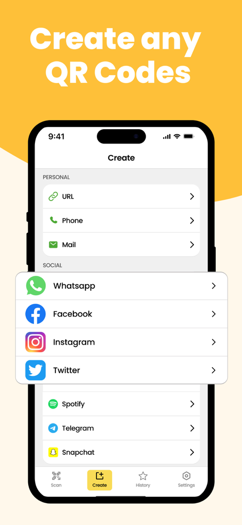 QR & Barcode Scanner Max - Interface of the QR and Barcode Scanner Max app showing options to create QR codes for social media and personal use