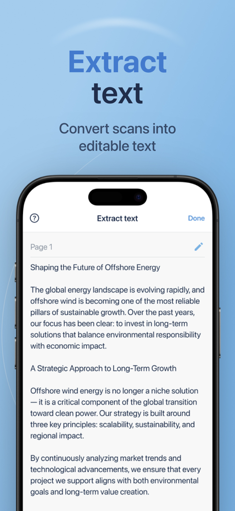 Scanner : PDF Scanner. - A smartphone displaying the text extraction feature of a PDF scanner app which converts scanned documents into editable text