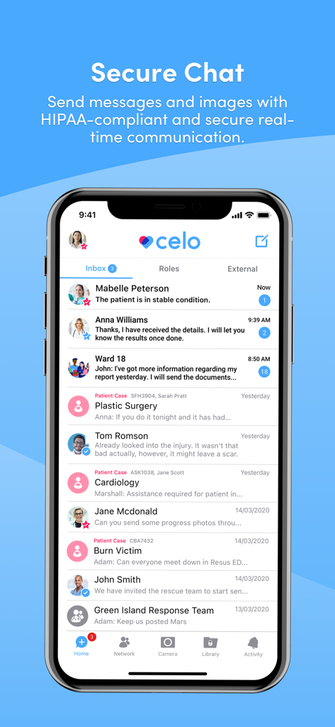Celo app secure chat interface showing an inbox with messages and patient cases for healthcare professionals