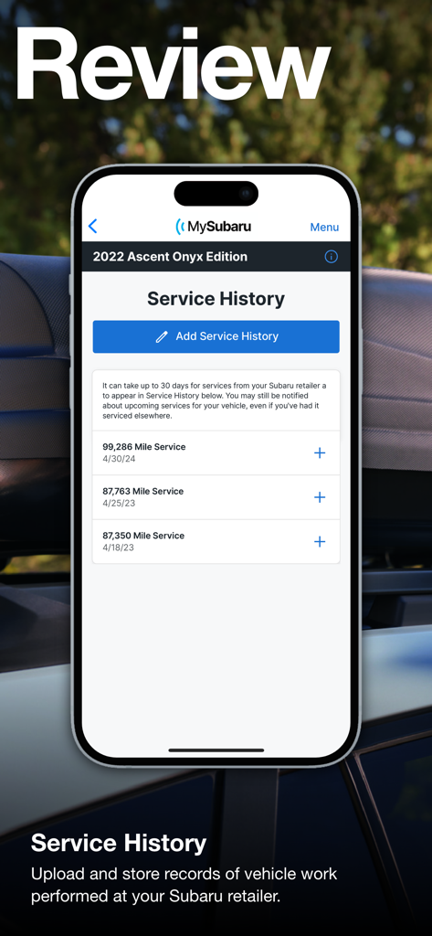 MySubaru - Screenshot of the MySubaru app showing a detailed vehicle service history and maintenance logs