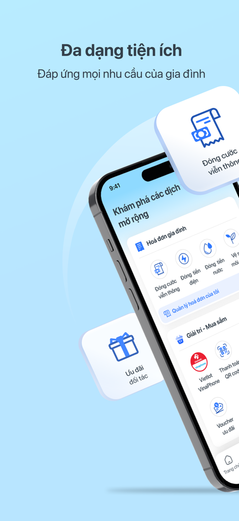 Interface de l'application mobile My VNPT montrant les options pour payer les factures d'électricité, d'eau et de télécommunications.