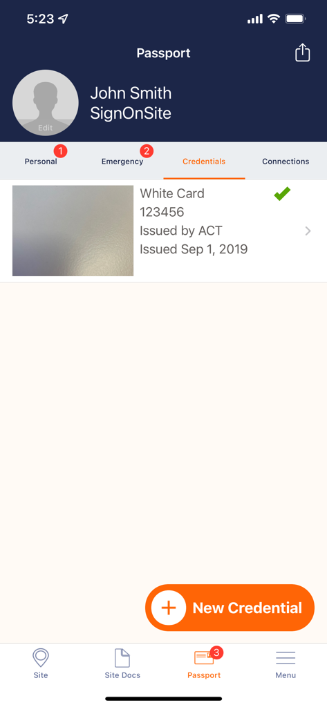 SignOnSite - Passport screen in the SignOnSite app showing digital construction credentials and certifications for a worker