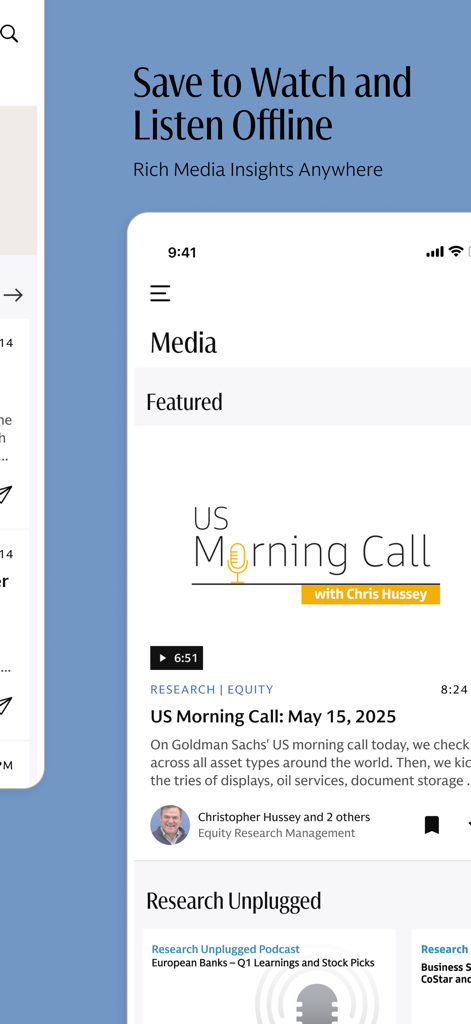 Goldman Sachs Marquee app media section showcasing offline research podcasts and market insights