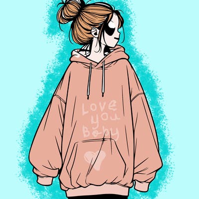 realistic girl with a oversized sweatshirt on and a bun