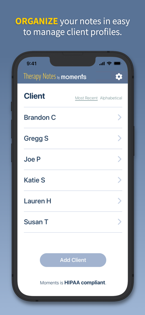 Mobile app interface of Moments for Therapists showing a list of client profiles to organize therapy notes in a HIPAA compliant environment.