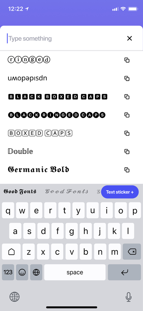 Good Fonts mobile app interface showing various aesthetic font styles and a custom text keyboard