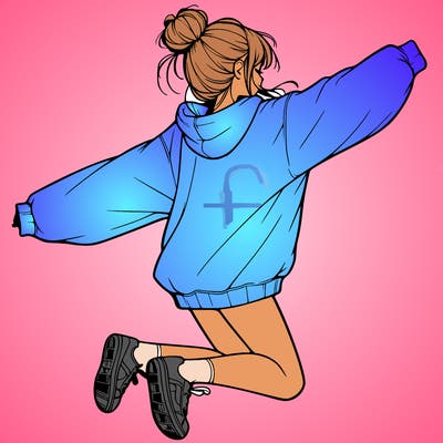 realistic girl jumping with a bun and oversized sweatshirt