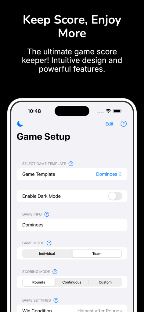 Universal Score Keeper - Interface of the Universal Score Keeper app showing game setup options like templates and scoring modes.
