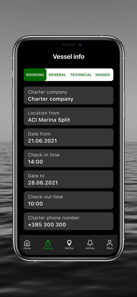 Smartphone screen of The Charter App displaying yacht booking details including dates and check in times