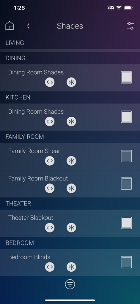 Control4 - Control4 mobile app interface for controlling motorized shades and blinds across multiple rooms.