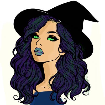 realistic witch girl with wavy hair and lips