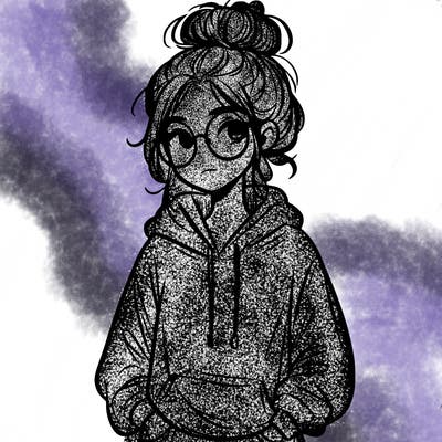 teen girl with a messy bun and glasses wearing a loose hoodie and jeans