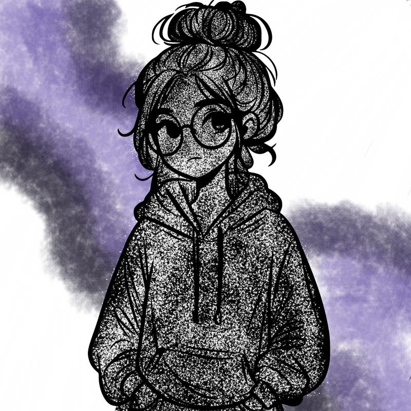 teen girl with a messy bun and glasses wearing a loose hoodie and jeans