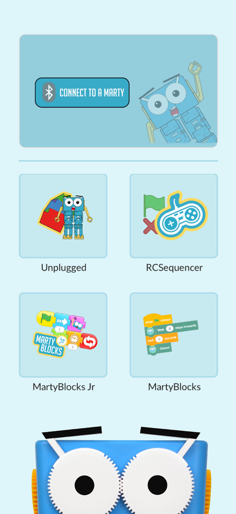 Menú principal de la aplicación Marty the Robot V2 que muestra el botón de conexión y varios modos de codificación como MartyBlocks y RCSequencer