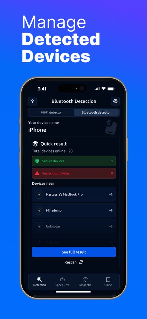 Spy360: Device Finder - Smartphone screen displaying the Bluetooth detection feature of the Spy360 app to identify nearby devices.