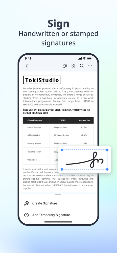 Adding a handwritten signature to a PDF document using the PDFelement app on mobile