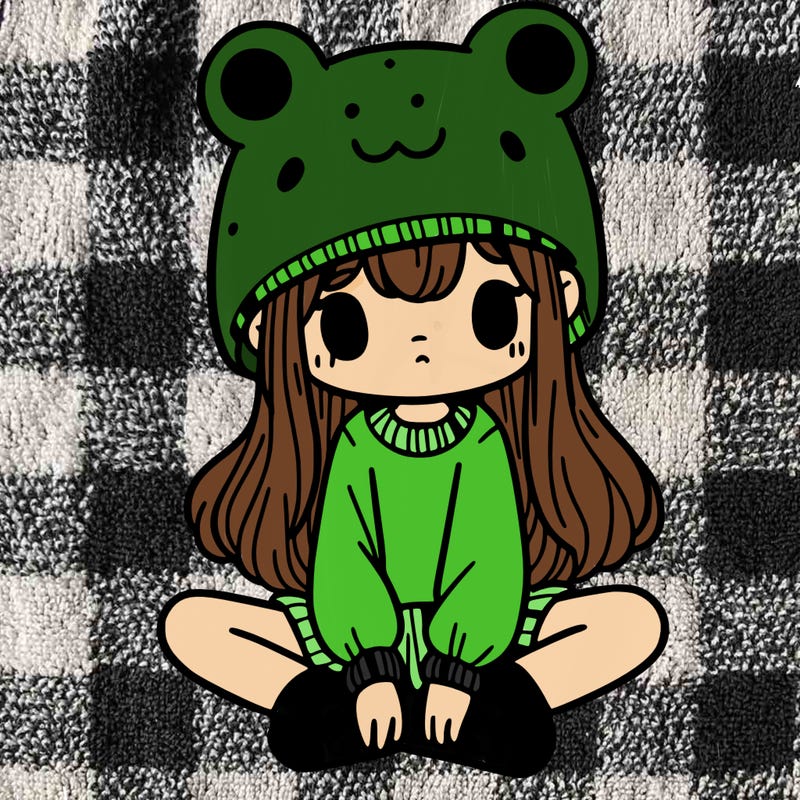 a girl wearing a frog hat and some frog socks