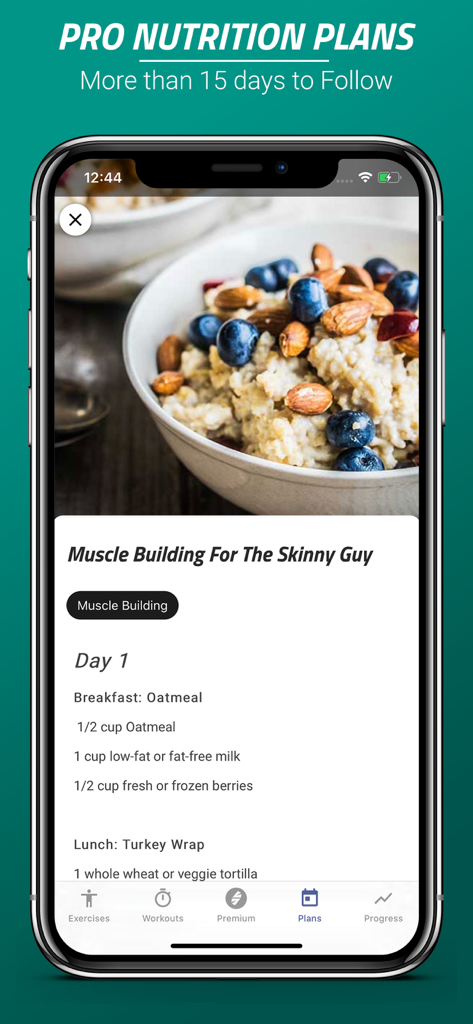 Spartan Home Workouts - Pro - Captura de pantalla de la aplicación Spartan Home Workouts Pro que muestra un plan de nutrición para el desarrollo muscular con detalles de comidas y recetas