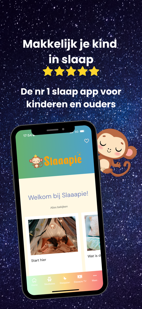 Slaaapie - slaaphulp voor kids - Smartphone displaying the Slaaapie app home screen with a cartoon monkey mascot and five gold stars on a starry night background