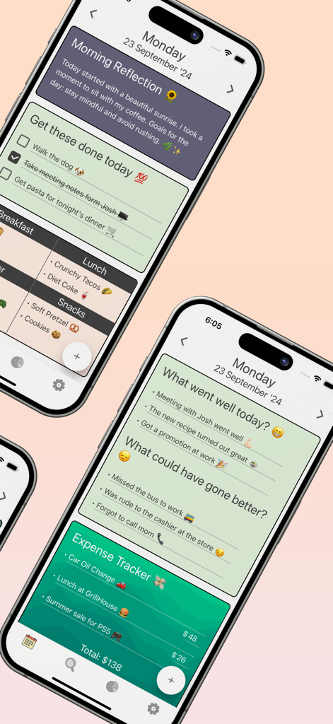DayDew - Journal, Diary, Notes - DayDew app screenshots showing morning reflections to do lists and expense tracking