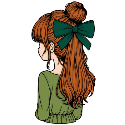 realistic girl  with hip length hair a bun and a big bow on the back of head