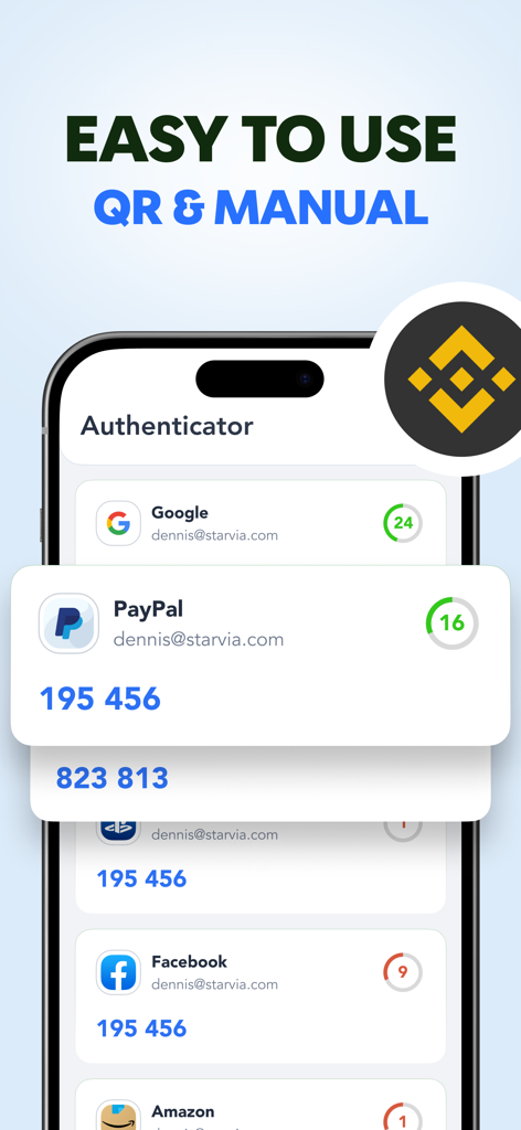 Authenticator App – 2FA & OTP - Interfaz de la aplicación de Autenticación mostrando códigos de seguridad 2FA para múltiples cuentas