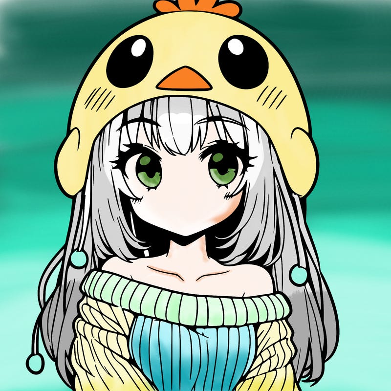 anime girl with chick shaped hat with sweater with bare shoulders with bangs covering them one eye with low tail
