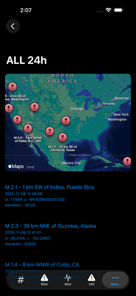 Earthquake by dnzh - 북미의 실시간 지진 지도로 규모와 위치 데이터가 있는 지난 24시간 동안의 지진 이벤트를 표시합니다.
