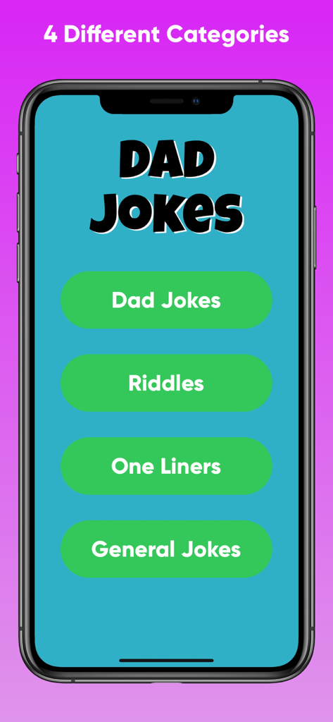 수수께끼 및 짧은 농담을 포함한 네 가지 농담 카테고리를 보여주는 Dad Jokes Collection 앱 인터페이스