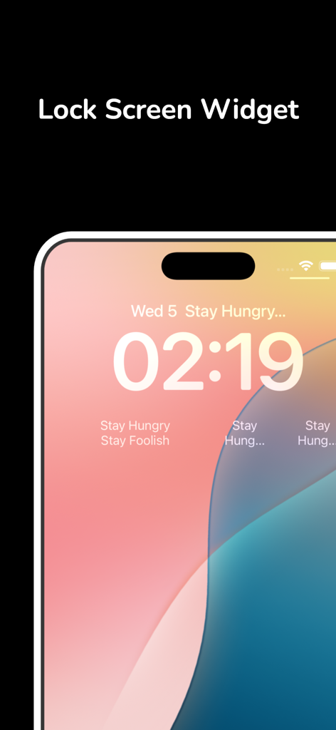 One Text Widget - Pantalla de bloqueo de iPhone que muestra widgets de texto personalizados con un diseño minimalista.
