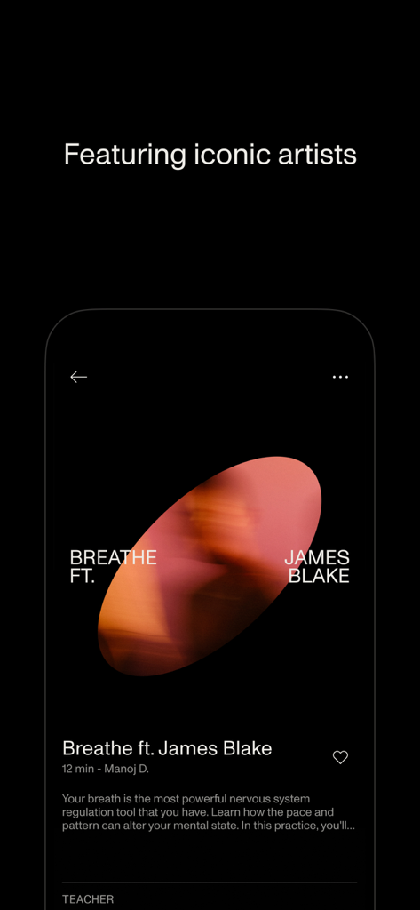 Open: Breathwork + Meditation - Interface de l'application Open présentant une session de respiration avec l'artiste James Blake.
